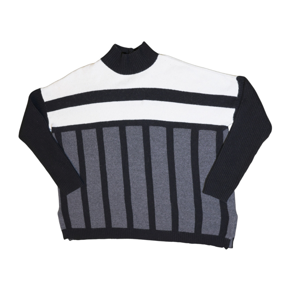 BCBGMAXAZRIA Women's Sweater Sz M (Fits L & XL) Striped Mock-Neck Lagenlook GUC